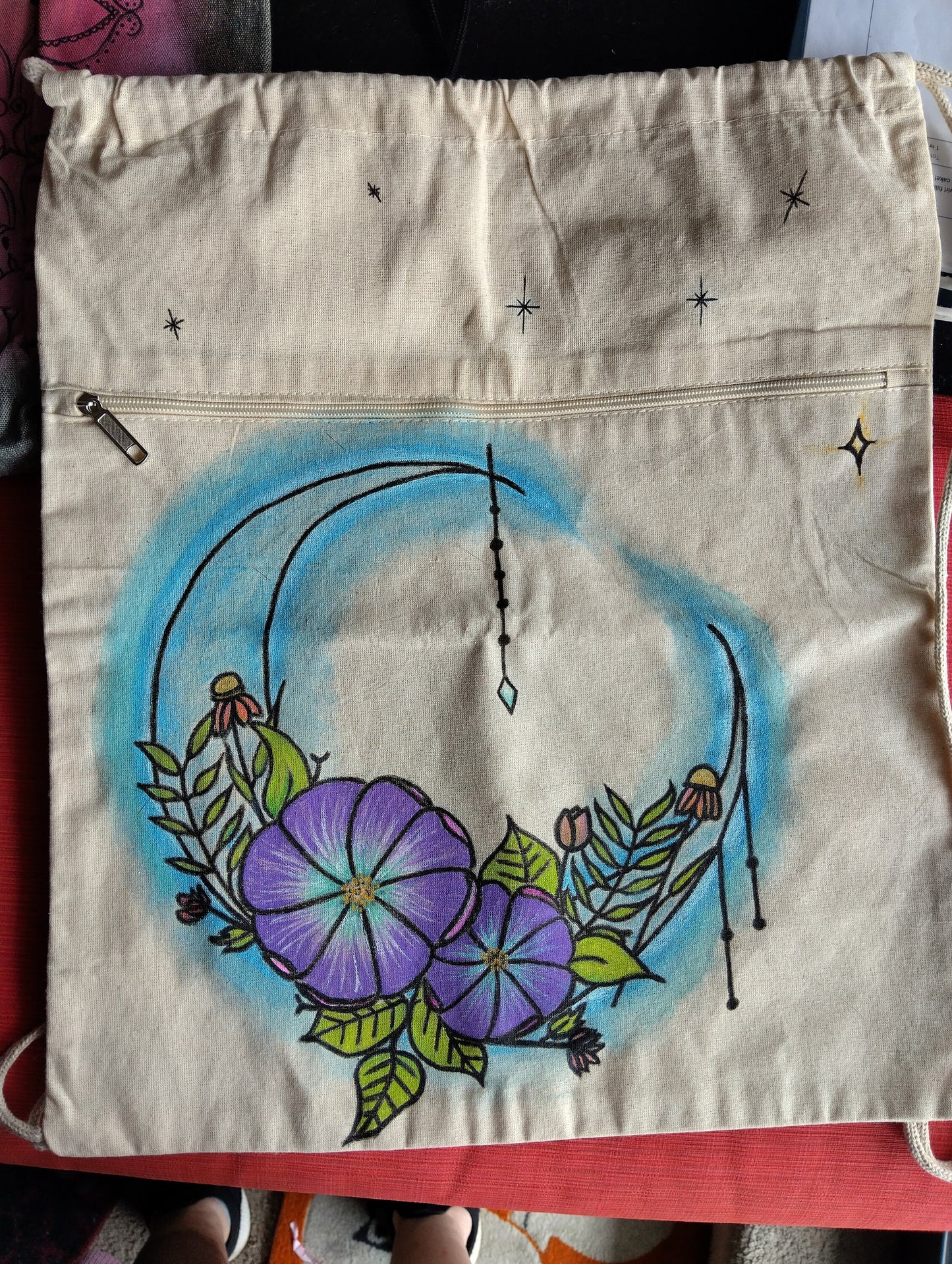 Moon Flower backpack - Boho backpack - handpainted moon flower tote - Crescent Moon