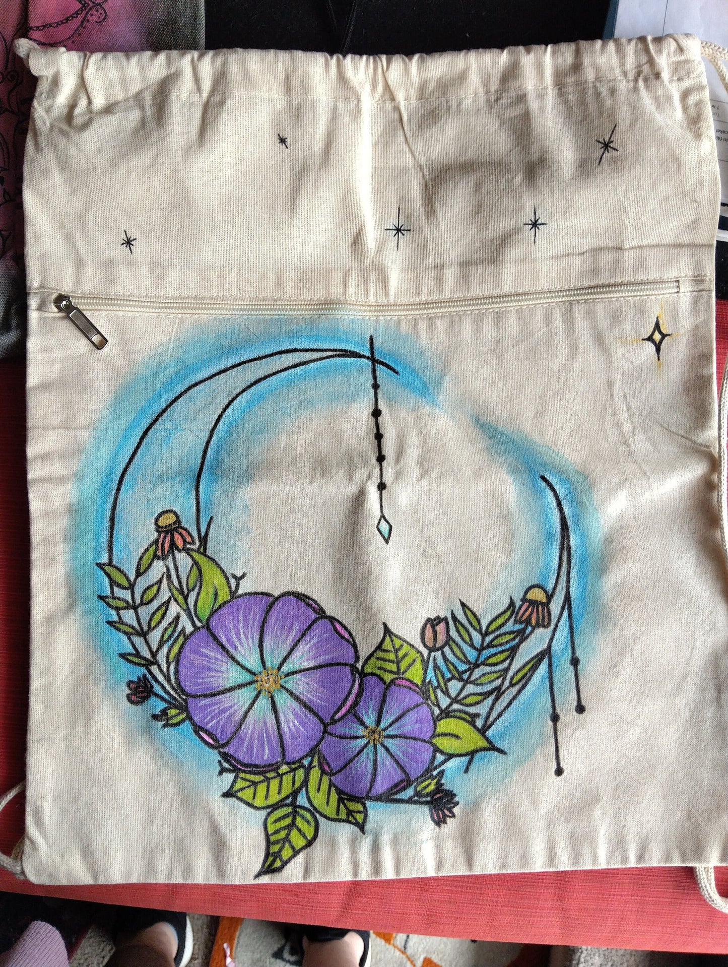 Moon Flower backpack - Boho backpack - handpainted moon flower tote - Crescent Moon