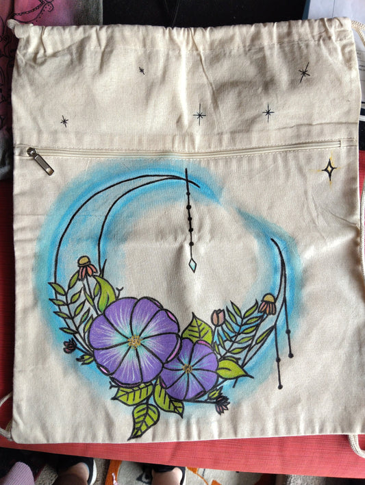 Moon Flower backpack - Boho backpack - handpainted moon flower tote - Crescent Moon